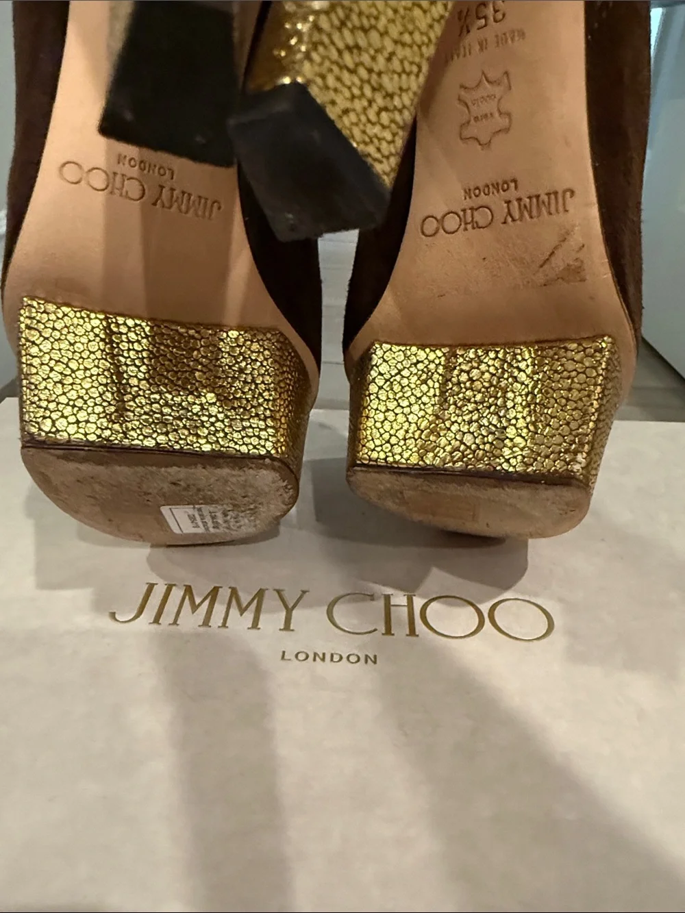 Jimmy Choo Dark Brown Suede Peep-Toe Wedge Sandals